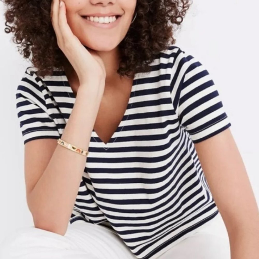Madewell Womens Short Sleeve Luxe Boxy Crop Top Navy and White Strip Size Large